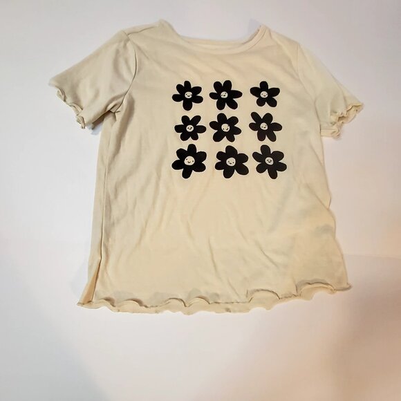 Cat & Jack L 10/12 Girls Beige T-Shirt With Black Smiley Flowers Print - Picture 1 of 7